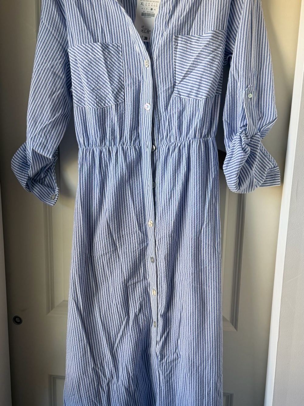 Zara Blue and White Vertical Stripe Button-Down Shirt
